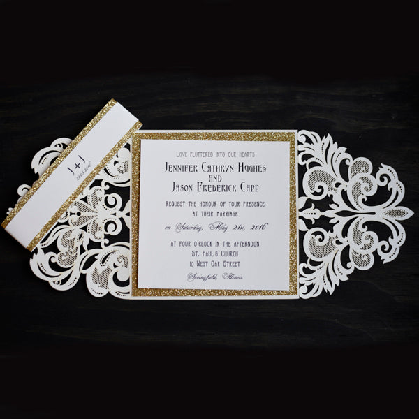 Ivory Laser Cut Gold Glitter and Monogram Belly Band Classic Wedding Invitation LCZ009 - Hibrides