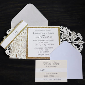 Ivory Laser Cut Gold Glitter and Monogram Belly Band Classic Wedding Invitation LCZ009 - Hibrides