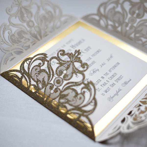 Laser cut Gate fold Lace Glitter Wedding Invitation gold Mirror LCZ013 - Hibrides