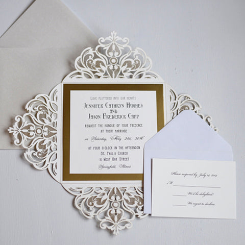 Laser cut Gate fold Lace Glitter Wedding Invitation gold Mirror LCZ013 - Hibrides