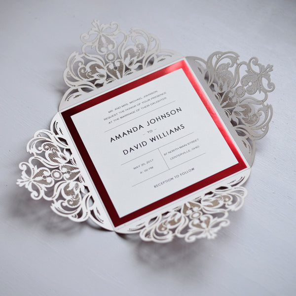 Red Laser Cut Pocketfold Lace Glitter Wedding Invitation LCZ003 - Hibrides