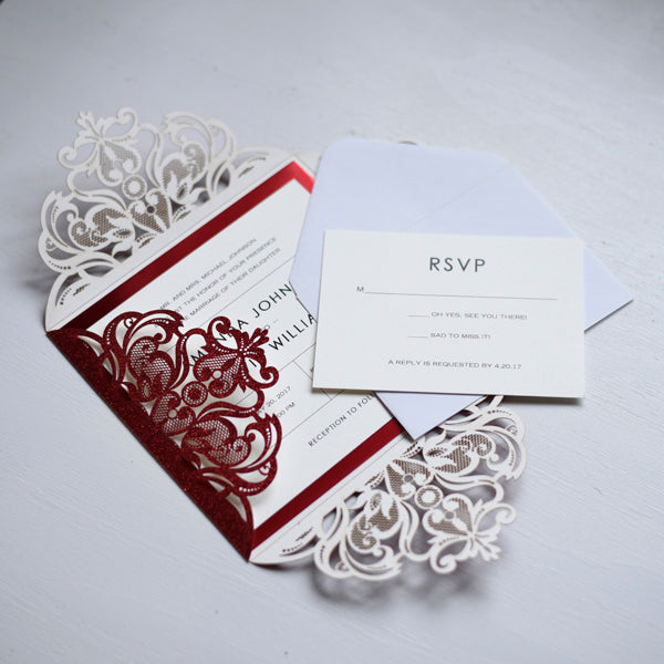 Red Laser Cut Pocketfold Lace Glitter Wedding Invitation LCZ003 - Hibrides