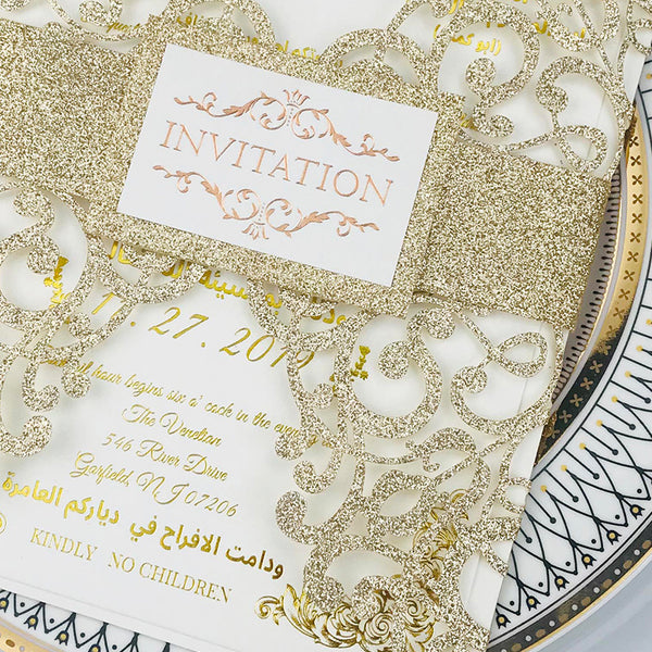Champagne Gold Glittery Laser Cut Wedding Invitations with Letter Pressed Wording and Belly Band Lcz074 - Hibrides