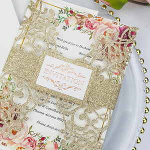 Champagne Gold Glittery Laser Cut Wedding Invitations with Letter Pressed Wording and Belly Band Lcz074 - Hibrides