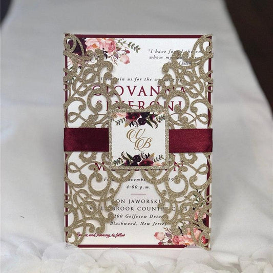 Gold Glittery Laser Cut Wedding Invitations with Burgundy Belly Band and Backer Lcz063 - Hibrides