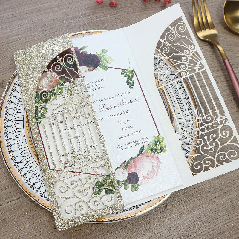 Gold Glittery Laser Cut Wedding Invitations with Geometric Floral Designs Lcz049 - Hibrides