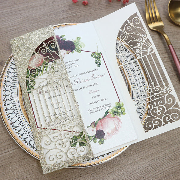 Gold Glittery Laser Cut Wedding Invitations with Geometric Floral Designs Lcz049 - Hibrides