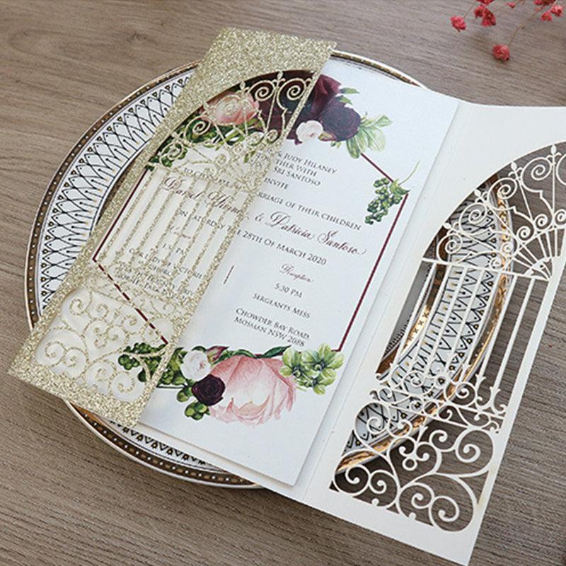 Gold Glittery Laser Cut Wedding Invitations with Geometric Floral Designs Lcz049 - Hibrides