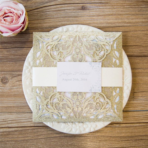 Square Champagne Glittery Wedding Invitations with Floral Belly Band Lcz091 - Hibrides