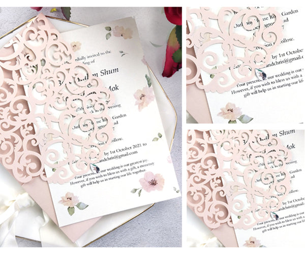 Modern Elegant Blush Pink Laser Cut Wedding Invitations with Shining Rhinestone Lcz083 - Hibrides