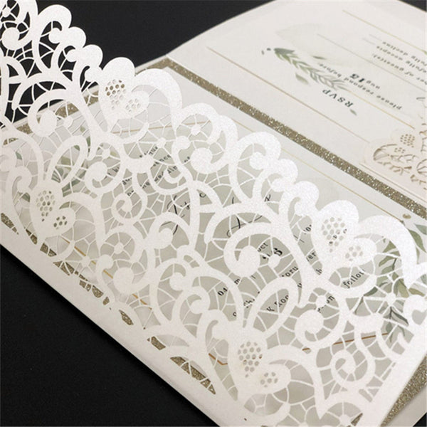 Modern Ivory Pocket Laser Cut Wedding Invitations with Geometric Greenery Pattern Lcz067 - Hibrides