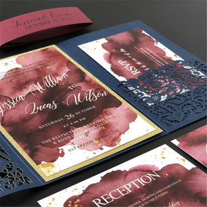 Modern Navy Blue Laser Cut Wedding Invitations with Amazing Watercolor Designs Lcz038 - Hibrides