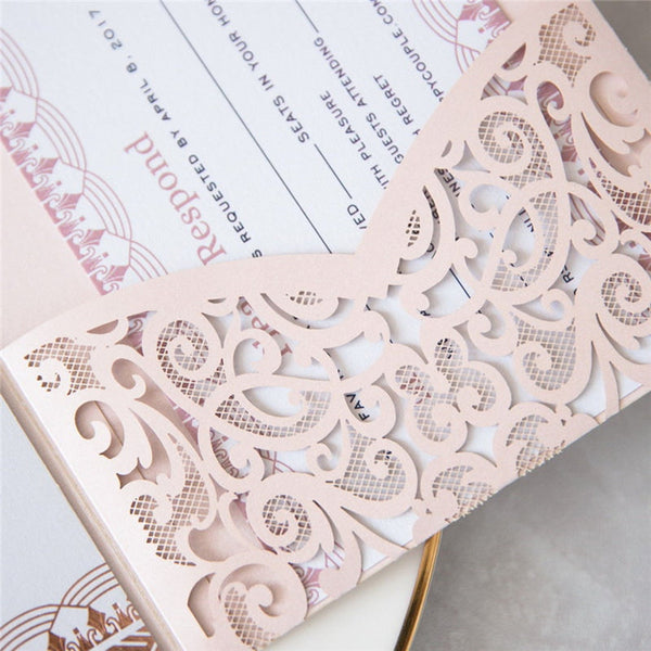 Modern Tri-folded Blush Pink Laser Cut Wedding Invitations Pocket Lcz037 - Hibrides