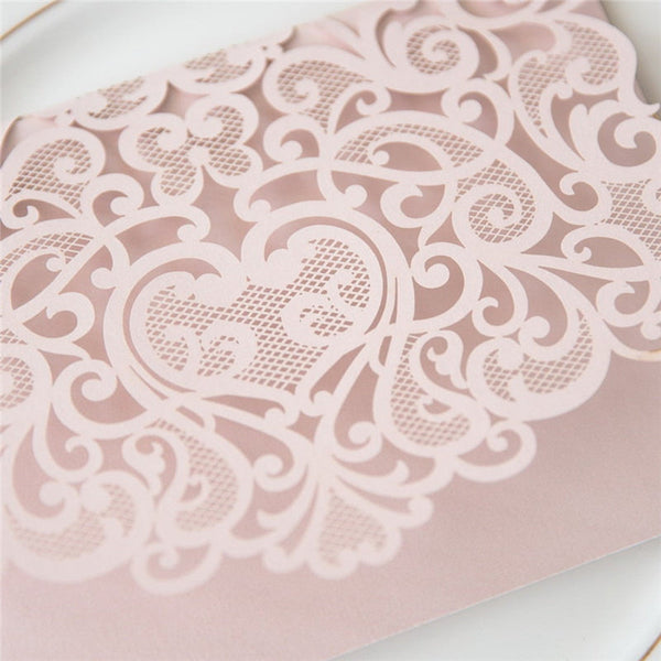 Modern Tri-folded Blush Pink Laser Cut Wedding Invitations Pocket Lcz037 - Hibrides