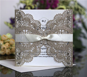 Glitter lace laser cut Wedding Invitation with satin ribbons LC053 - Hibrides