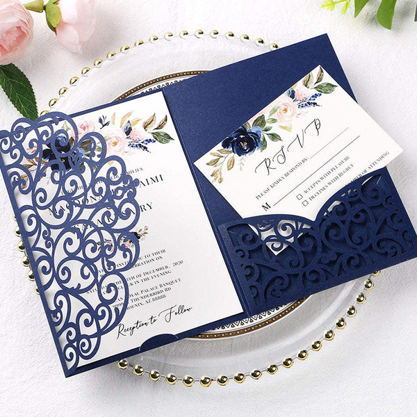 Navy Blue Tri-Fold Laser Cut Wedding Invitation Pocket with Envelopes for Wedding Bridal Shower LCP011 - Hibrides