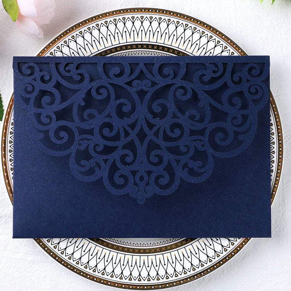 Navy Blue Tri-Fold Laser Cut Wedding Invitation Pocket with Envelopes for Wedding Bridal Shower LCP011 - Hibrides