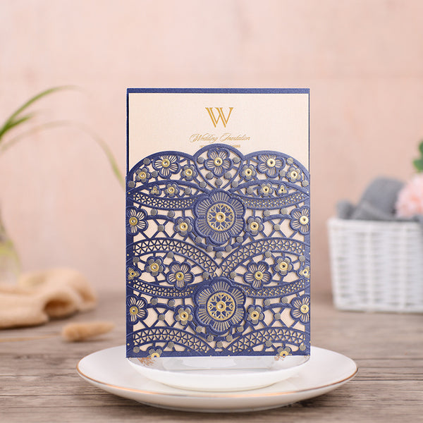 Navy and Gold Flower Detailed Laser Cut Wedding Invitations Lcz101 - Hibrides