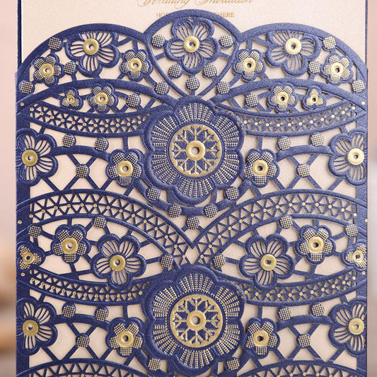 Navy and Gold Flower Detailed Laser Cut Wedding Invitations Lcz101 - Hibrides