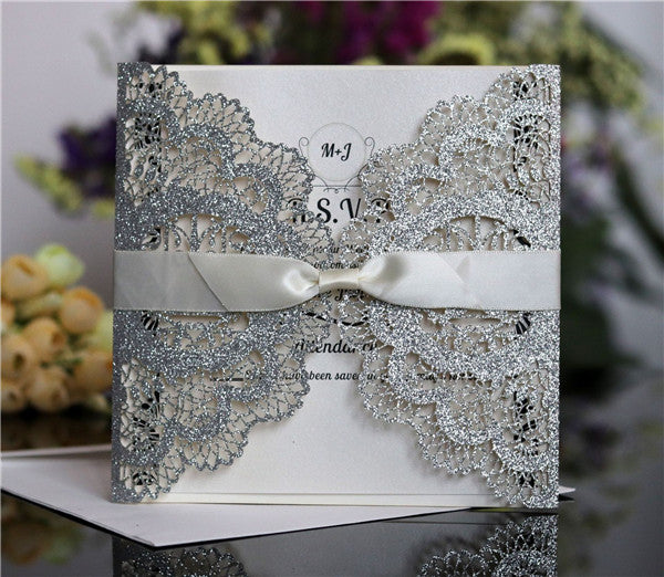 Glitter lace laser cut Wedding Invitation with satin ribbons LC053 - Hibrides