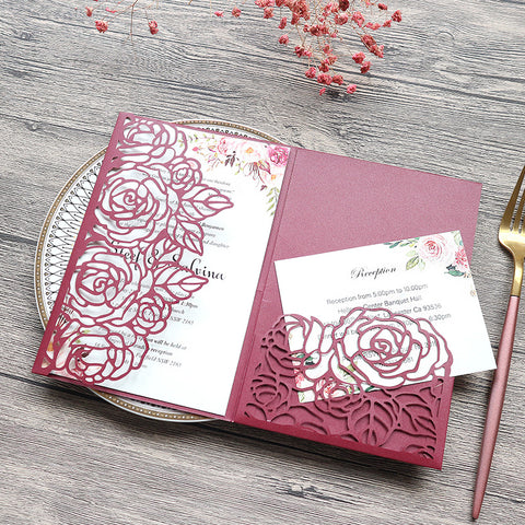 Elegant Red Rose Designed Laser Cut Wedding Invitations with Pocket Lcz025 - Hibrides