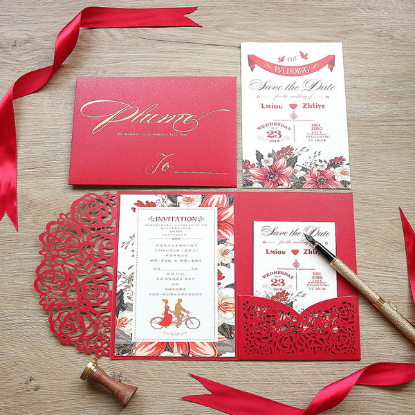 Red Laser Cut Pocket Wedding invitations with Floral Design Lcz028 - Hibrides