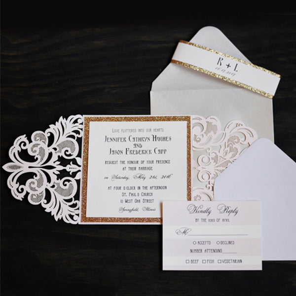 Pink Laser cut Invitations with Gold Glitter and Monogram Belly Band LCZ008 - Hibrides