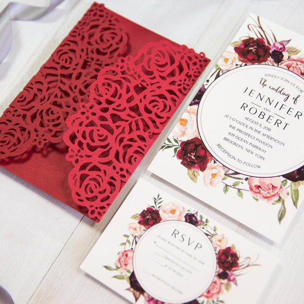 Red and Burgundy Rose Lace Design-Laser cut Invitation LCZ018 - Hibrides