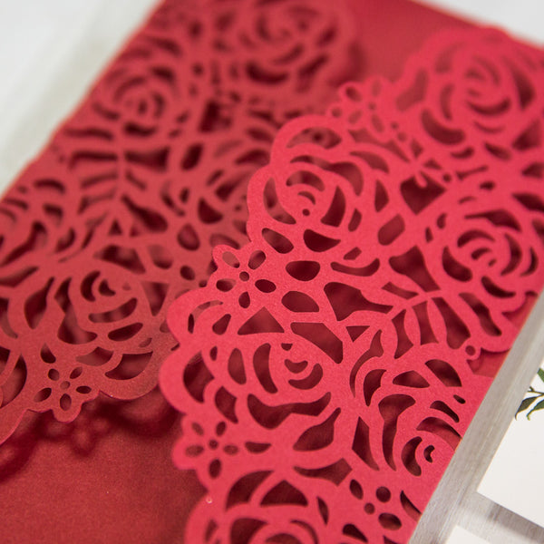 Red and Burgundy Rose Lace Design-Laser cut Invitation LCZ018 - Hibrides
