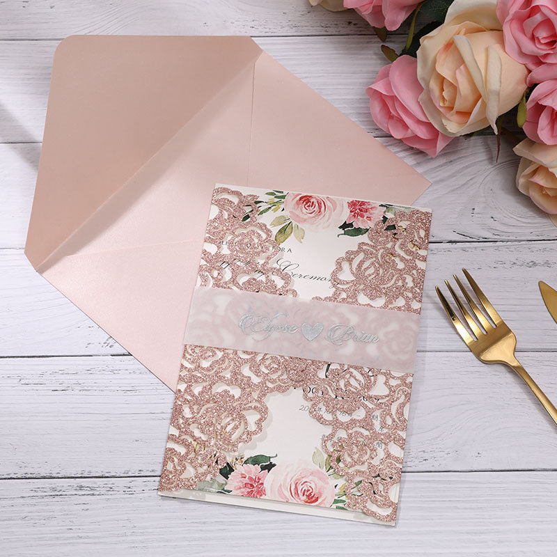 Rose Gold Glittery Laser Cut Wedding Invitations with Vellum Belly Band Lcz081 - Hibrides