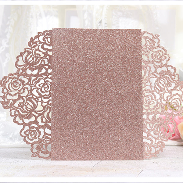 Rose Gold Glittery Laser Cut Wedding Invitations with Vellum Belly Band Lcz081 - Hibrides