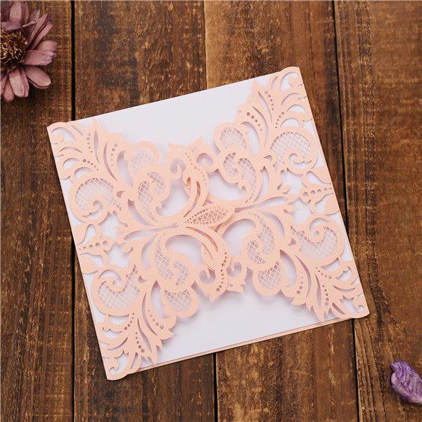 Blush pink folded laser cut wedding invites with white inner cards LC044 - Hibrides