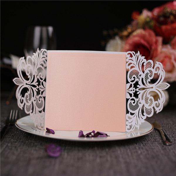 White folded laser cut Wedding Invitation with blush pink inner LC043 - Hibrides