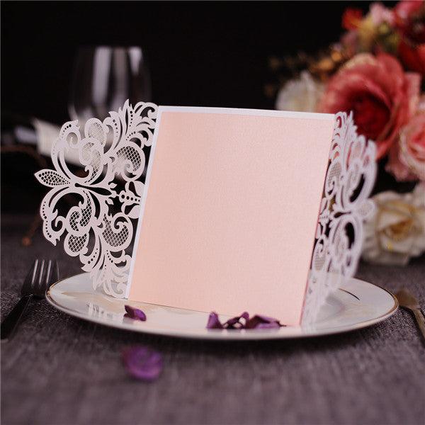 White folded laser cut Wedding Invitation with blush pink inner LC043 - Hibrides