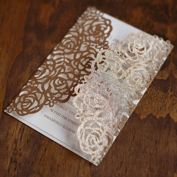 Rose Gold Glitter Gatefold Lasercut-Wedding Invitation LCZ011 - Hibrides