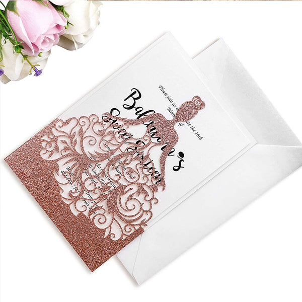 Rose Gold Glitter Laser Cut Crown Wedding Invitation Cards For Birthday Sweet 15 Quinceañera LCP012 - Hibrides