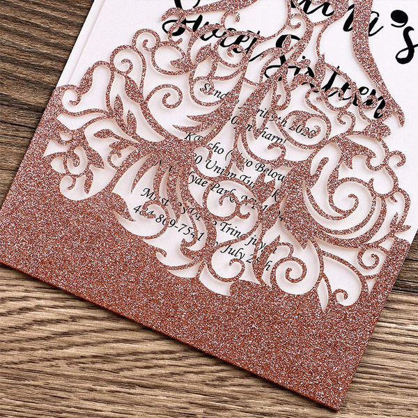 Rose Gold Glitter Laser Cut Crown Wedding Invitation Cards For Birthday Sweet 15 Quinceañera LCP012 - Hibrides