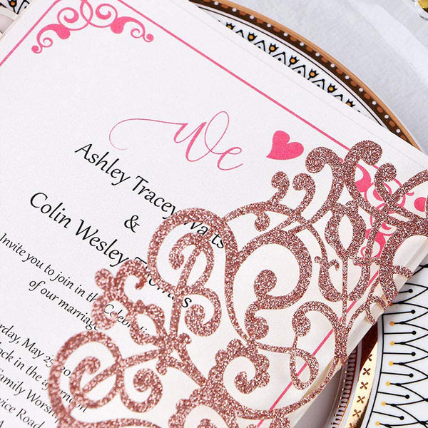 Rose Gold Glitter Laser Cut Wedding Invitation Cards with Envelopes Ribbons LCP013 - Hibrides
