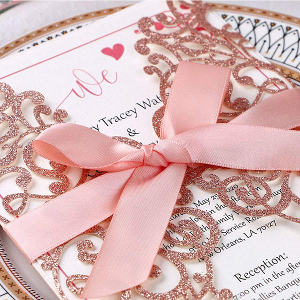 Rose Gold Glitter Laser Cut Wedding Invitation Cards with Envelopes Ribbons LCP013 - Hibrides