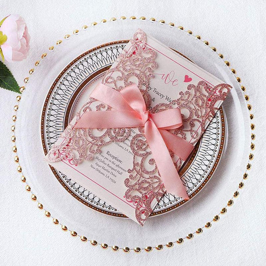 Rose Gold Glitter Laser Cut Wedding Invitation Cards with Envelopes Ribbons LCP013 - Hibrides
