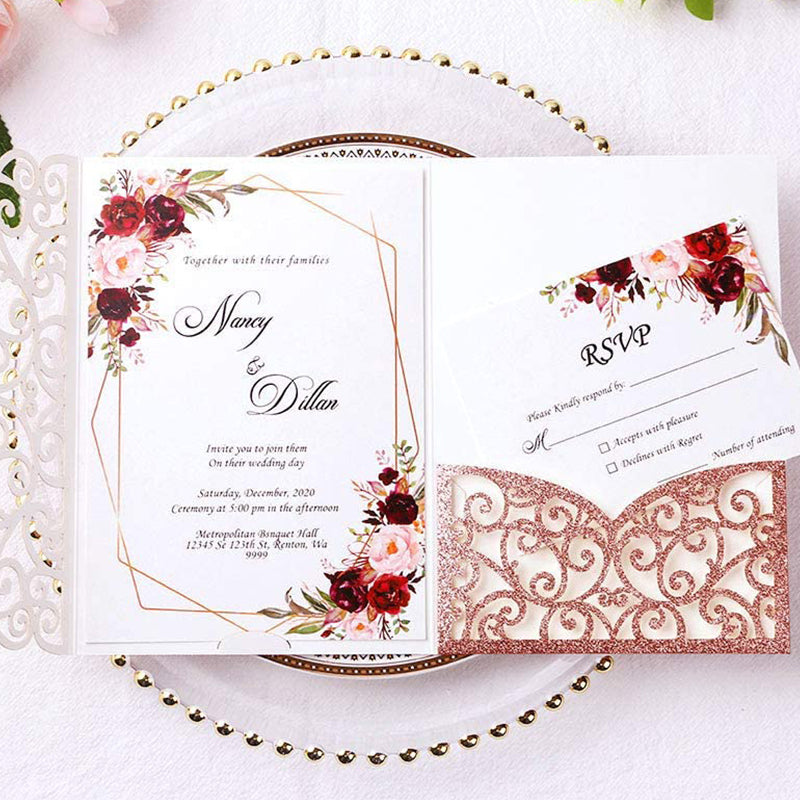 Rose Gold Glitter Tri-Fold Laser Cut Wedding Invitation Pocket with Envelopes lcp014 - Hibrides