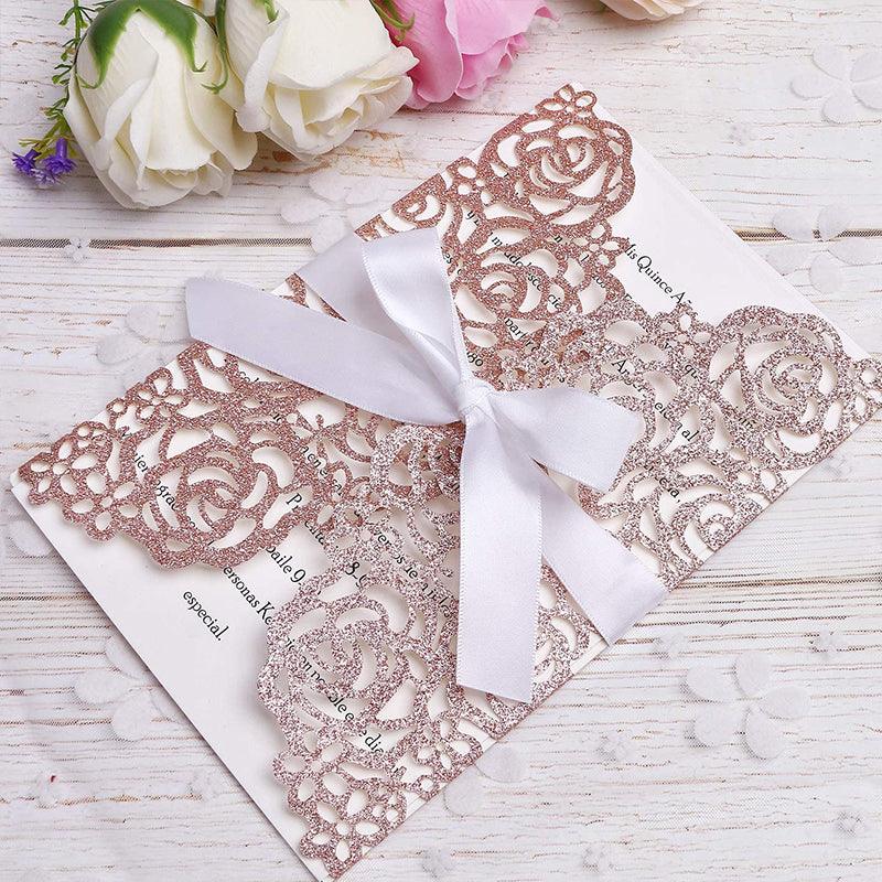 Rose Gold Glitter Wedding Invitation Cards Laser Cut Hollow Rose With White Ribbons lcp015 - Hibrides