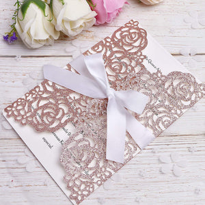 Rose Gold Glitter Wedding Invitation Cards Laser Cut Hollow Rose With White Ribbons lcp015 - Hibrides