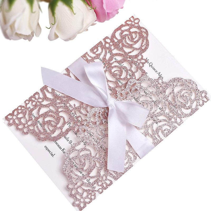 Rose Gold Glitter Wedding Invitation Cards Laser Cut Hollow Rose With White Ribbons lcp015 - Hibrides