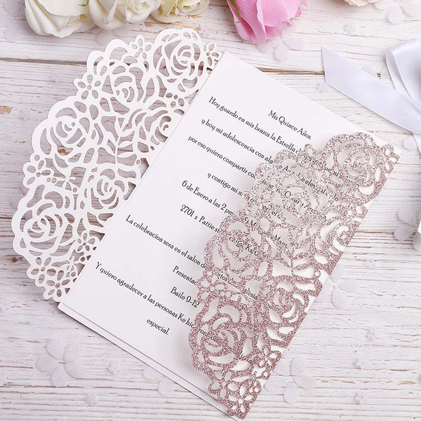 Rose Gold Glitter Wedding Invitation Cards Laser Cut Hollow Rose With White Ribbons lcp015 - Hibrides