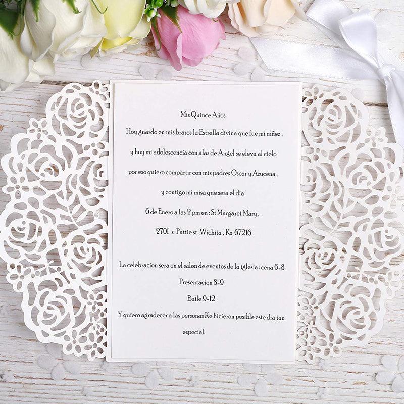 Rose Gold Glitter Wedding Invitation Cards Laser Cut Hollow Rose With White Ribbons lcp015 - Hibrides