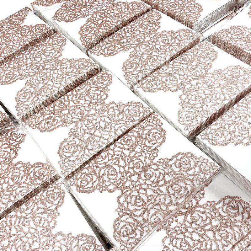 Rose Gold Glitter Wedding Invitation Cards Laser Cut Hollow Rose With White Ribbons lcp015 - Hibrides