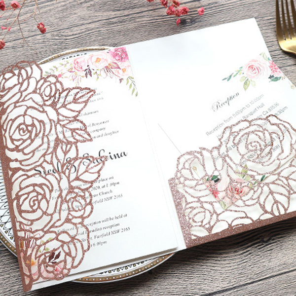 Rose Gold Glittery Wedding Invitation with Pocket and Floral Designs Lcz026 - Hibrides