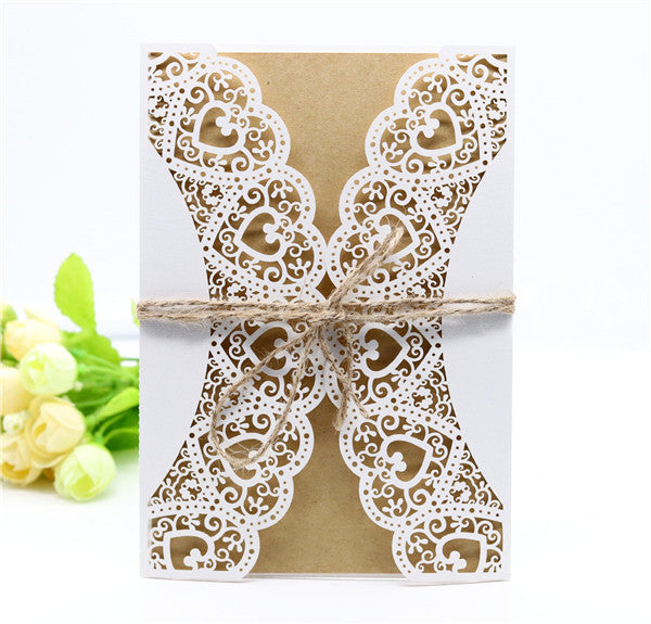 Rustic and country lace laser cut Wedding Invitation with hemp cord LC055 - Hibrides