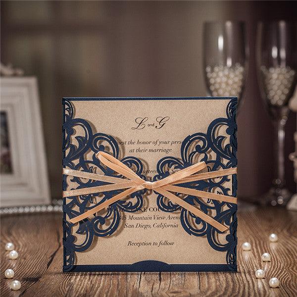 Elegant Navy and Gold Acrylic Wedding Invitation with Laser Cut Wrap EWPA018